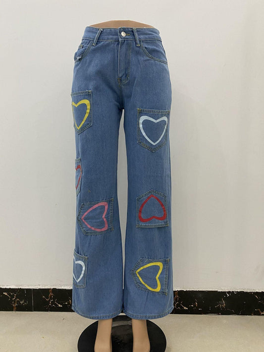 Multi-pocket Colorful Heart Print Jeans - MAXIME