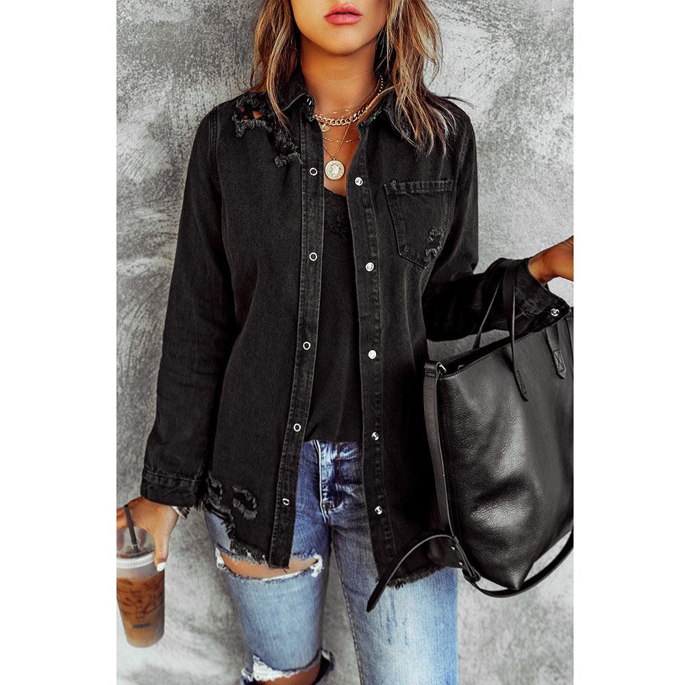 Black Denim Long Sleeve Coat Jacket Women - MAXIME