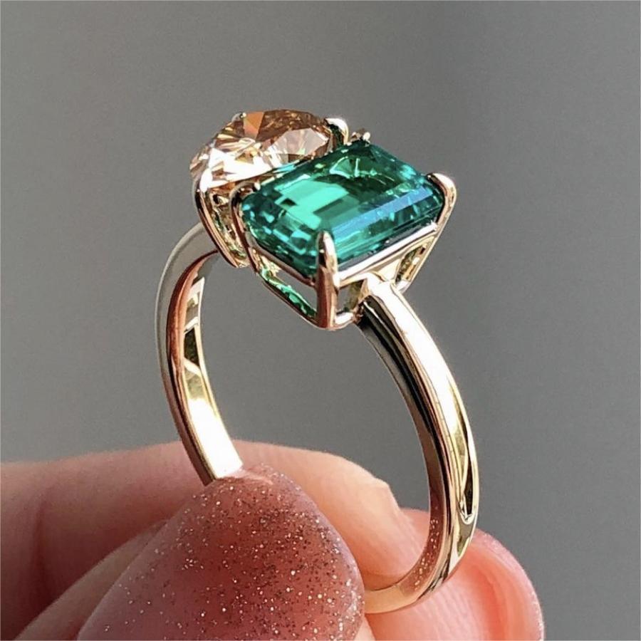 Double Main Stone Lady Green Yellow Zircon Square Stone Ring - MAXIME