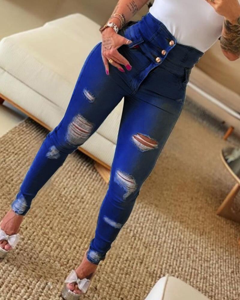 Slim High Waist Ripped Skinny Ripped Pants - MAXIME