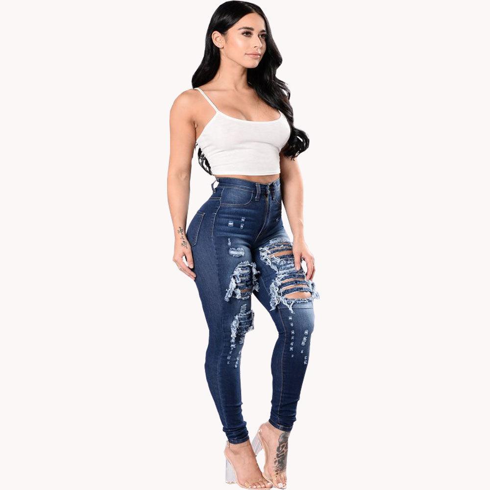 Women's Ripped Denim Washed Denim Pants - MAXIME