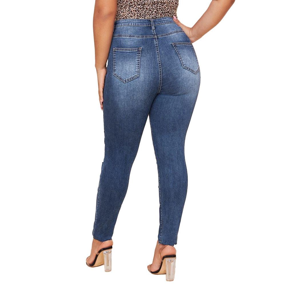 Washed Ripped Fat MM Slim Plus Size Pencil Pants - MAXIME