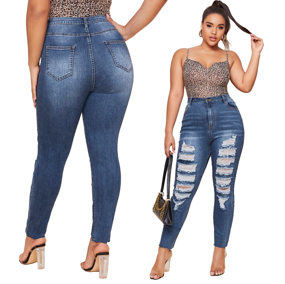 Washed Ripped Fat MM Slim Plus Size Pencil Pants - MAXIME