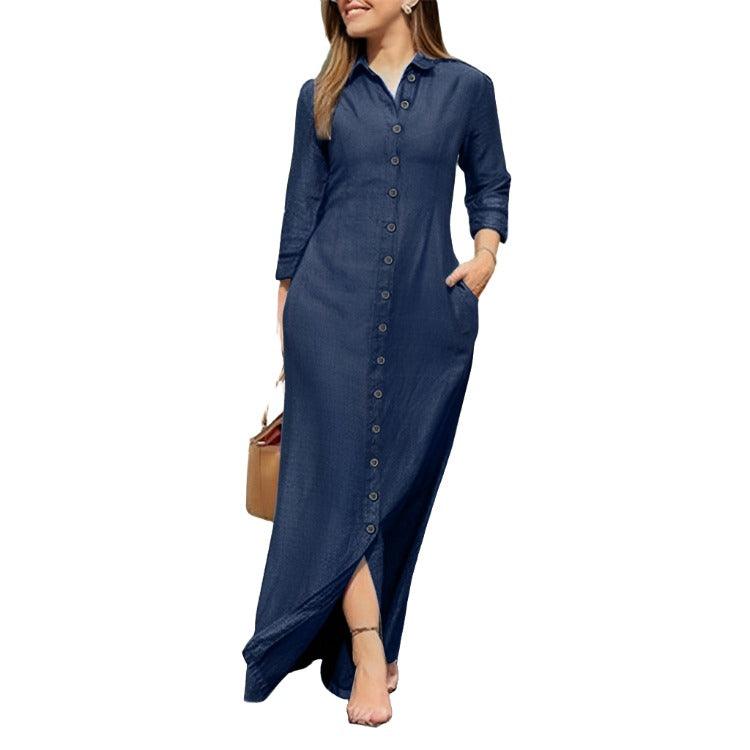 Shirt Collar Denim Button Maxi Dress - MAXIME