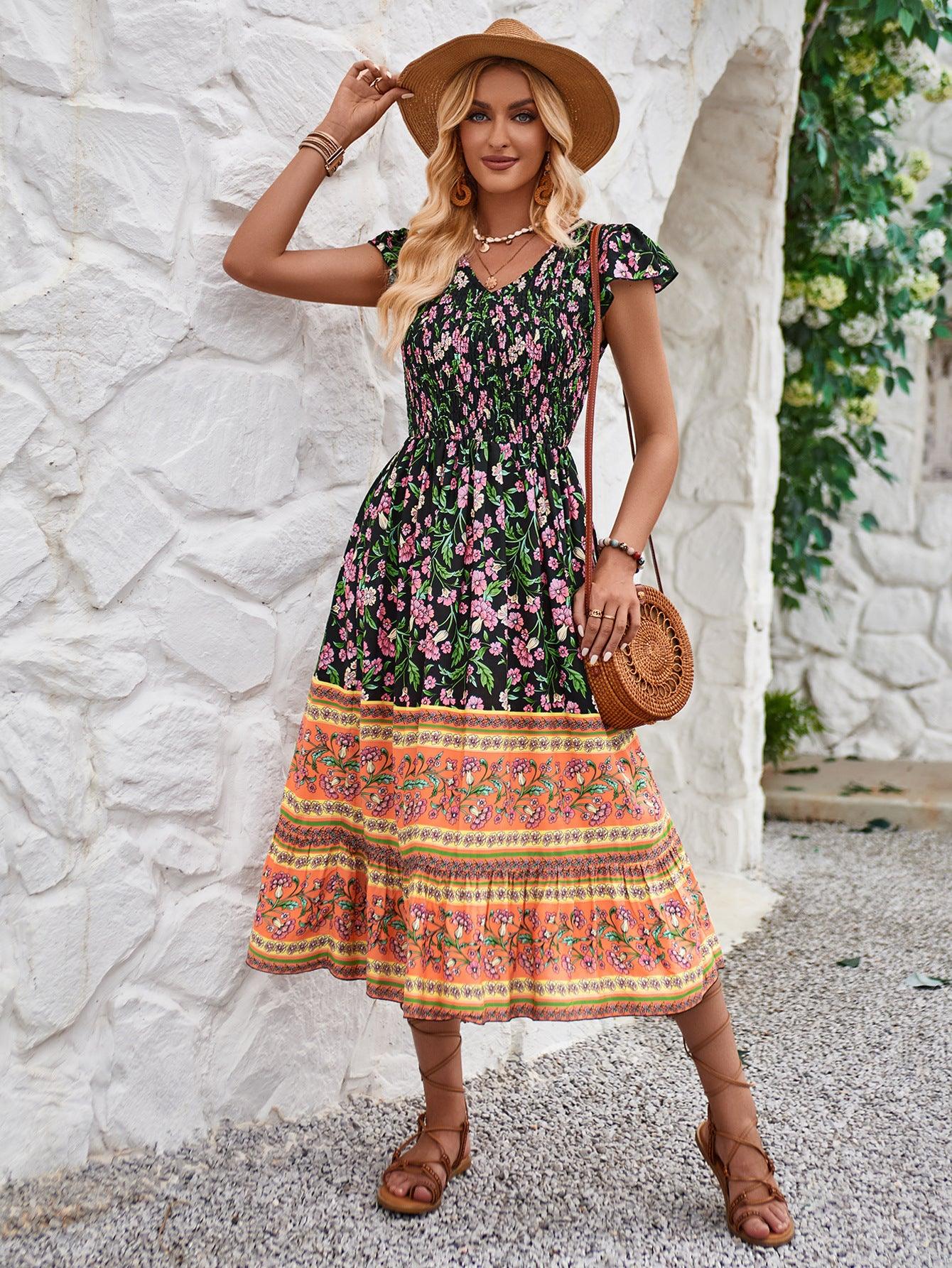 Flowers Print V-neck Dress - MAXIME