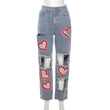 Fashionable Hollow Printed High Waist Straight Casual Jeans - MAXIME