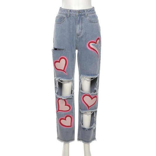 Fashionable Hollow Printed High Waist Straight Casual Jeans - MAXIME