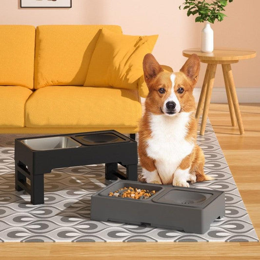 Dog Double Bowls Stainless Stand Adjustable Height Pets Feeding Dish - MAXIME