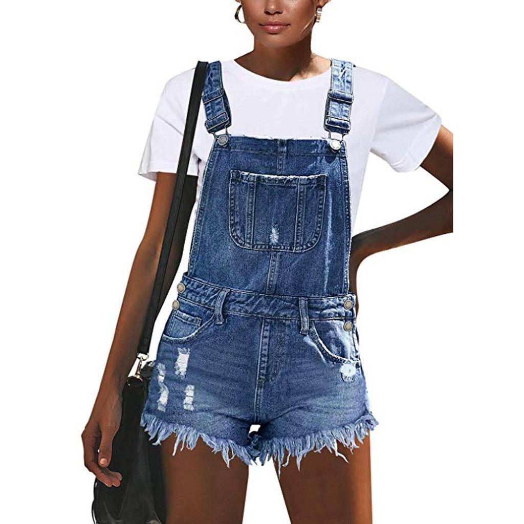 High Ripped Suspender Denim Hole Jumpsuit - MAXIME